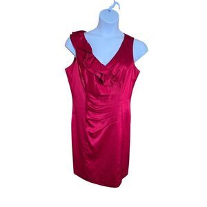 Allen B. Red Sleeveless Satin Dress Ruffle Accent elegant glam coquette classic